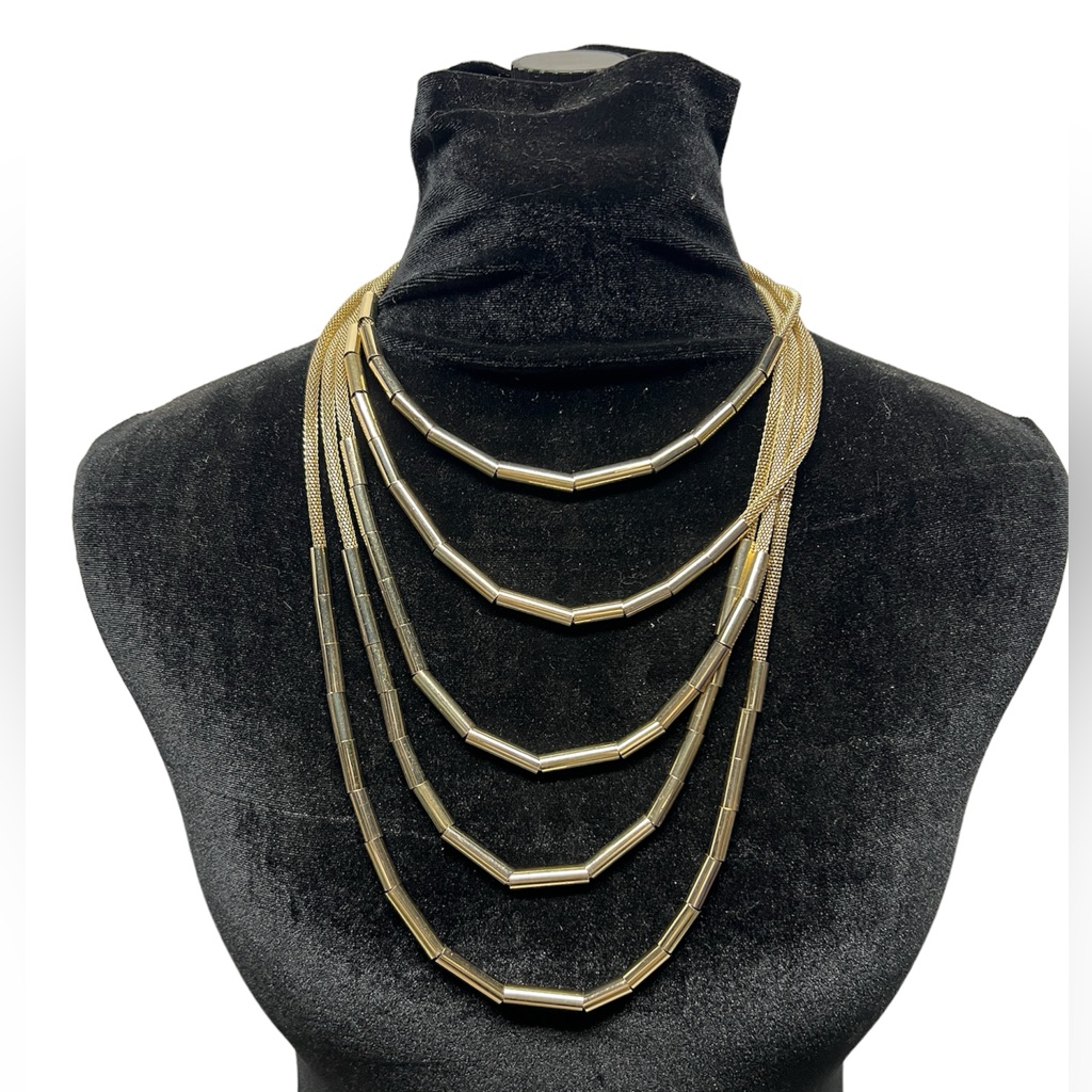Fashion Statement 5 Strand Necklace Gold Tone Tube 22”
